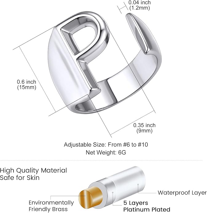 KeyStyle Bold Initial Letter Rings Adjustable, GoldChic Jewelry Women Gold Statement Ring Personalized Engraved Women’s Open Signet Ring for Party (Gold, White Gold, Black)