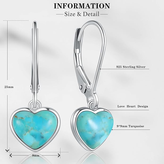 Heart Natural Turquoise Earrings for Women - Top AAA Grade, Hypoallergenic 925 Sterling Silver Leverback Dangle Earrings, Trendy Jewelry Gifts