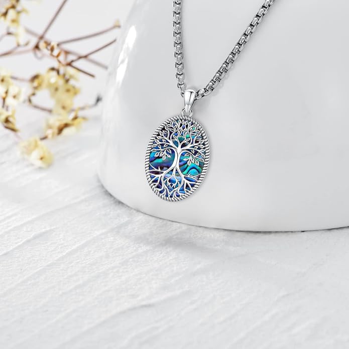 Sterling Silver Tree of Life Necklace for Women Oval Family Tree Necklace Abalone Shell Moonstone Pendant Mother Day Necklace for Mom Tree of Life Jewelry