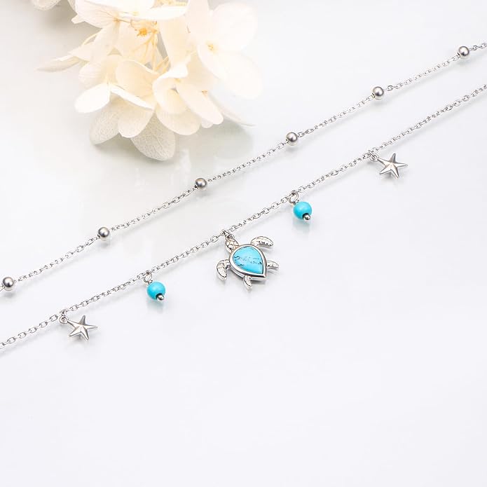 Ladytree S925 Sterling Silver Boho Beach Double Layer Anklets Bracelet for Women Adjustable 9 to 11 inches