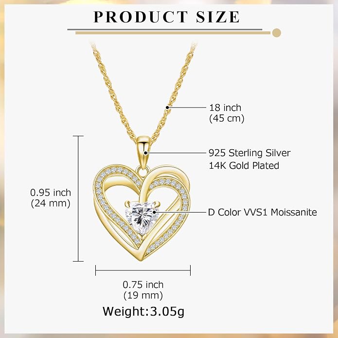 Anniversary Charm Necklace, Sterling Silver 14K Gold Plated Chain with Interlocking Heart Pendant Elegant Birthstone Necklaces for Women, Length 18"