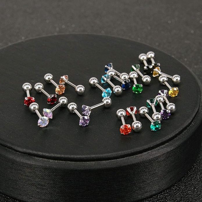 ZS 12 Pairs CZ Ear Stud Mixed Colors Cartilage Earrings Set Stainless Steel Barbell Studs Earrings Helix Tragus Piercing