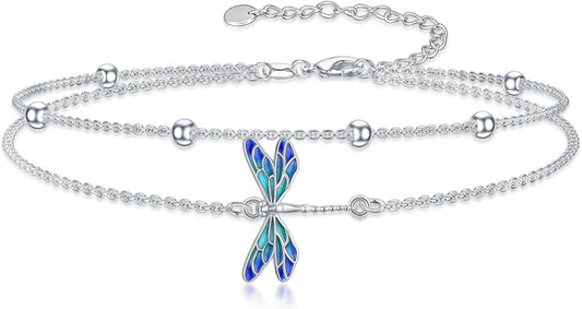 Dragonfly/Evil Eye/Hamsa Evil Eye/Lotus/Mushroom Anklet Bracelets for Women Sterling Silver Adjustable Double Layered Bracelet Anklet Mother's Day Jewelry Gifts Beach Jewelry