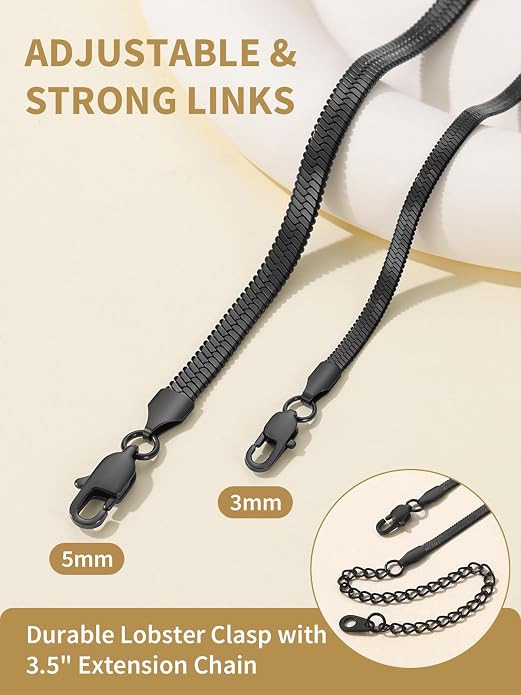 FindChic Black/14K Gold Plated Herringbone Choker Chain Necklace for Women | Waterproof Stainless Steel, Dainty Layering, Flat Snake Chain, Non-Tarnish, Hypoallergenic, Adjustable Extender, Gift Box