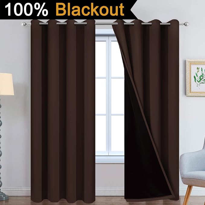 Yakamok Chocolate Brown Blackout Curtains 90 Inches Long 52" Wide, 2 Panels | Blackout Curtain Panels for Bedroom, 2 Thick Layers Grommet Top Thermal Insulated Drapes with Black Liner for Living Room