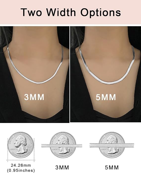 FOCALOOK 14K Gold Plated Necklaces for Women, Fashion Herringbone Choker Necklace Stainless Steel Flat Snake Chain 3/5MM(W) 12.5"/15"/18"+3.5"(L)