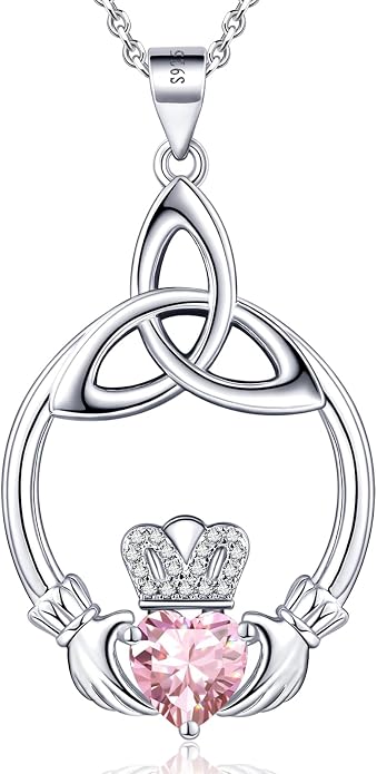 Gift Birthstone Necklaces for Women 925 Sterling Silver Irish Claddagh Necklace for Women Heart Birthstone Pendant Necklace Anniversary Birthday Gifts for Wife Lady Cable Chain 18"+2"