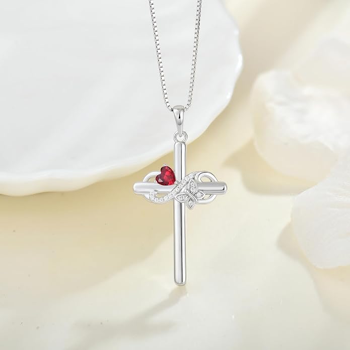Infinity Butterfly Cross Necklace for Women 925 Sterling Silver Christian Religious Crucifix Pendant Birthstone Jewelry Gifts for Her