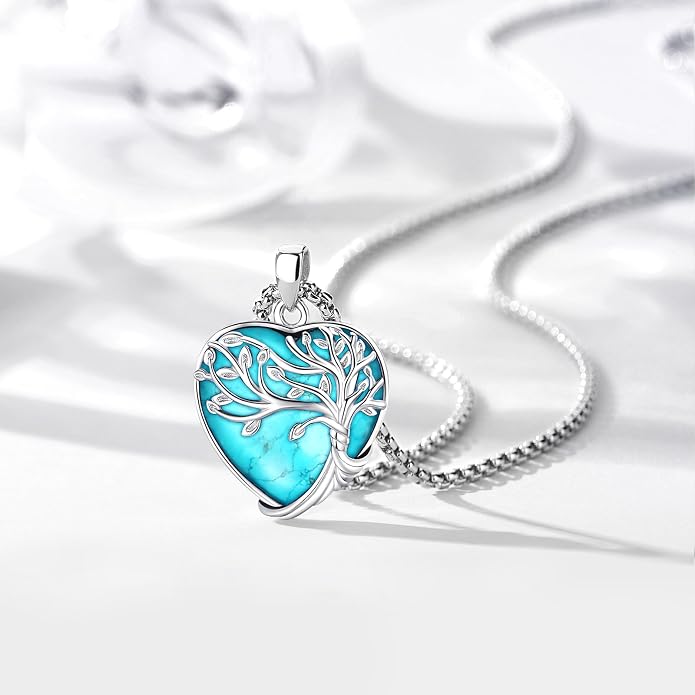 Turquoise/Amethyst/Moonstone/Black Onyx Tree of Life Necklace for Women Hummingbird Necklaces White Gold Plated Copper Jewelry