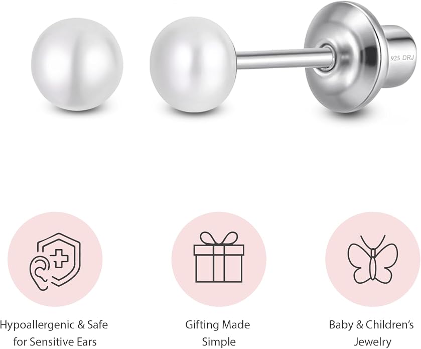 Pearl Screw Back Stud Earrings for Baby, Toddler, Girls | Hypoallergenic 925 Sterling Silver Screwback Safety Earrings | Simulated Pearl Studs for Sensitive Ears | Keepsake Gift for Birthdays Holidays Special Occasions