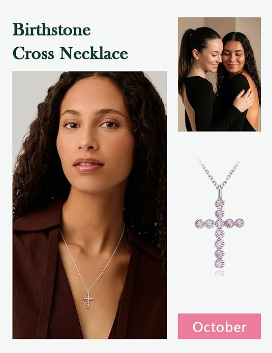 Sterling Silver Cross Necklace for Women Birthstone Religious Jewelry