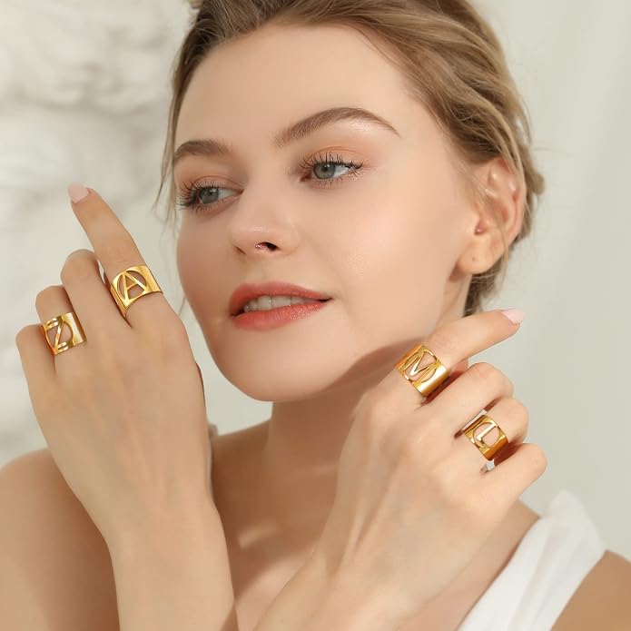KeyStyle Bold Initial Letter Rings Adjustable, GoldChic Jewelry Women Gold Statement Ring Personalized Engraved Women’s Open Signet Ring for Party (Gold, White Gold, Black)