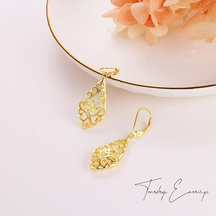 Sterling Silver Leverback Dangle Earrings for Women Teardrop Filigree 14K Gold Plated Dangly Earrings Mother’s Day Gift