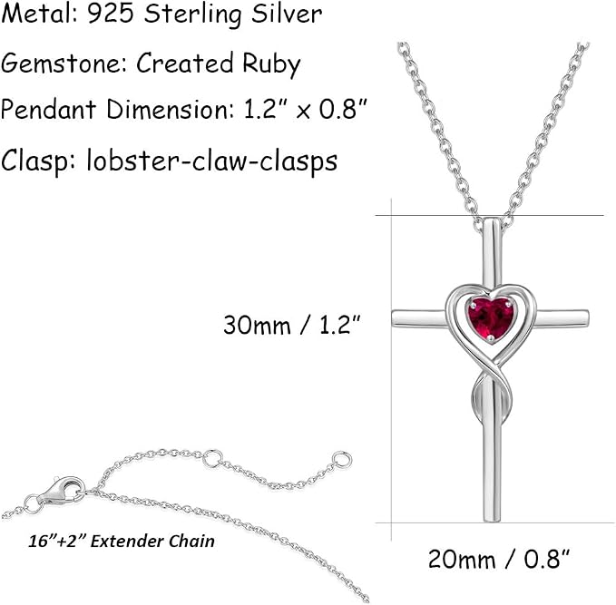 FANCIME Birthstone Cross Necklace for Women Birthstone Necklace Heart Infinity Cross Pendant Necklace Fine Jewelry Christmas Birthday Holiday Gifts for Her, 16"+2" Inches