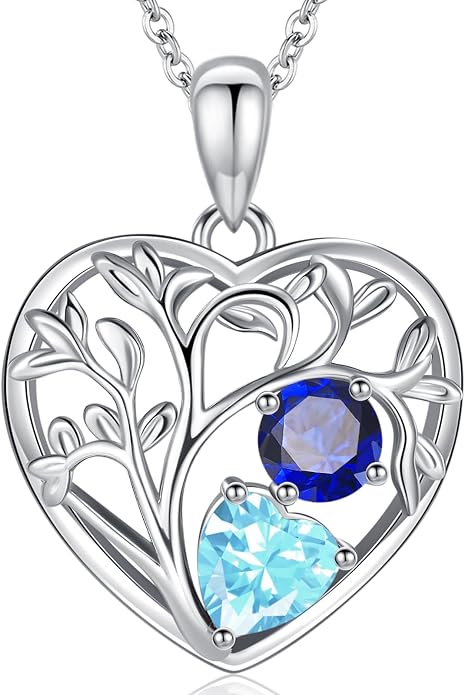 Tree of Life Birthstone Necklace Birthday Gifts 925 Sterling Silver Heart Pendant Birthstone Necklaces for Women Personalized 2 Gemstone Anniversary Graduation Gifts for Her Wife Mom