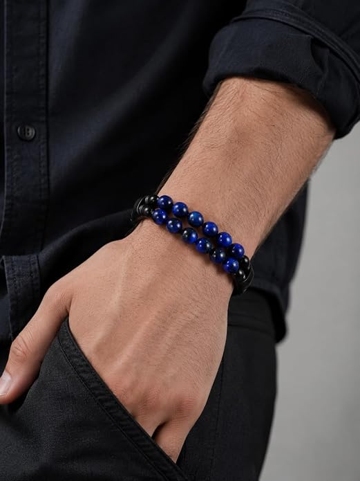 Black Braided Leather Bracelet for Men with Turquoise, Lapis Lazuli, Tiger Eye, Obsidian Stone Double-Row Wristband Beads with Stainless Steel Clasp Fashion Jewelry Gift for Him