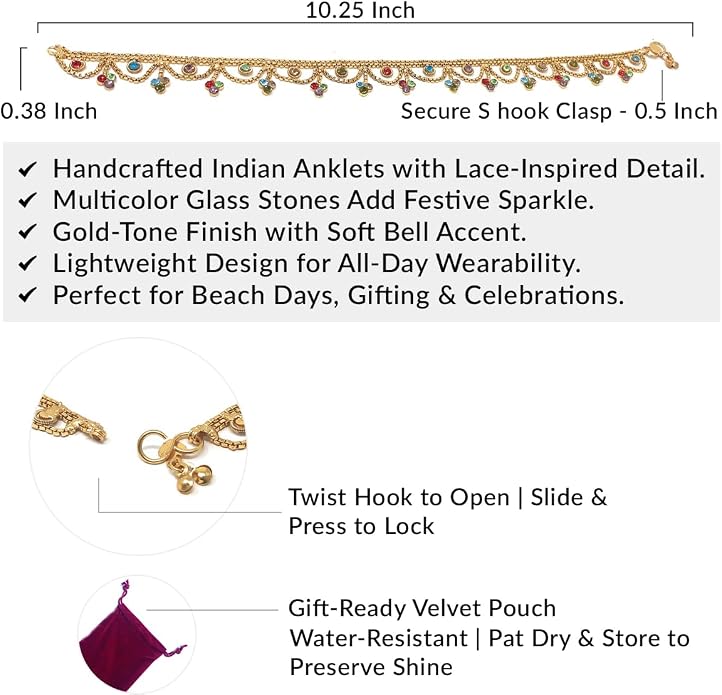 Duel On Jewel Gold Payal Set for Women, Indian Paayal Jhanjar Chain Anklets with Bell Detail, Foot Jewelry Pair, 10 Inch Comfort Fit, Traditional & Dainty Styles for Wedding Beach Everyday Gift