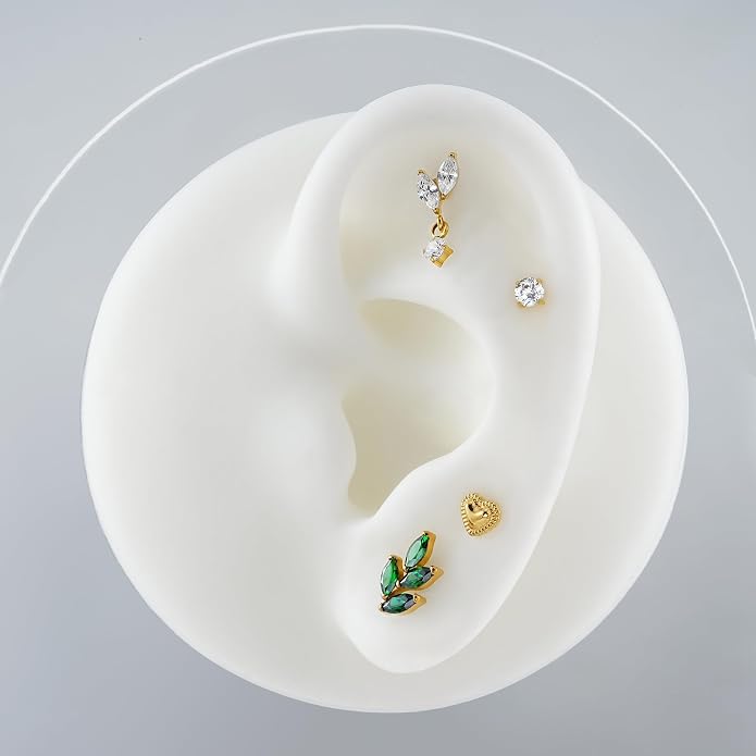 FINE4U 1PC Leaf Flat Back Stud Flat, Helix, Conch, Tragus 6mm 8mm - ASTM F136 Titanium Screw on Body Piercing Jewelry