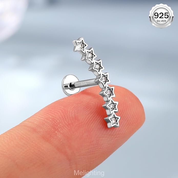 Melighting 925 Sterling Sliver Star Cartilage Earring Internally Threaded Flat Back Earring 16G 8 mm Curved Helix Piercing Jewelry Helix Stud for Women