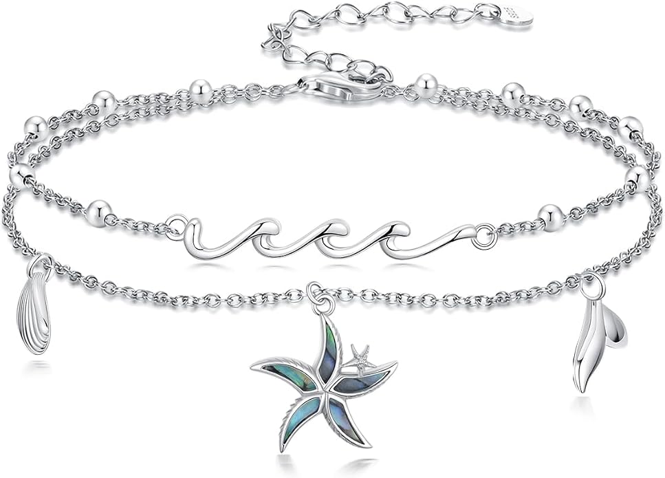 Sea Turtle/Dolphin/Starfish/Seashell/Compass Bracelet for Women 925 Sterling Silver Ocean Wave Anklet Summer Hawaiian Jewelry Gift for Her