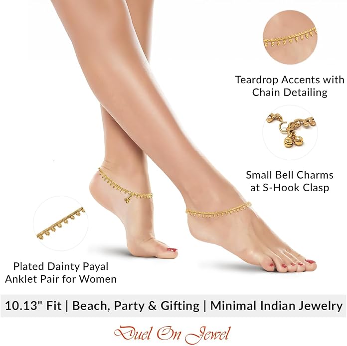 Duel On Jewel Gold Payal Set for Women, Indian Paayal Jhanjar Chain Anklets with Bell Detail, Foot Jewelry Pair, 10 Inch Comfort Fit, Traditional & Dainty Styles for Wedding Beach Everyday Gift