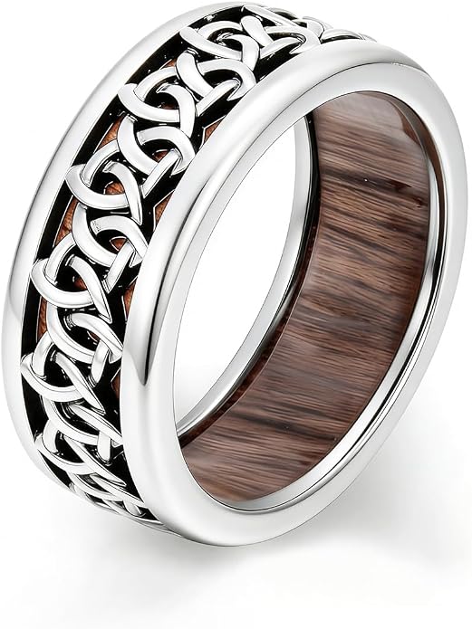 Wooden Celtic/Cross Ring 925 Sterling Silver Wedding Band Wood Mens Rings Engagement Ring Jewelry Gift for Men Women Size 8-14