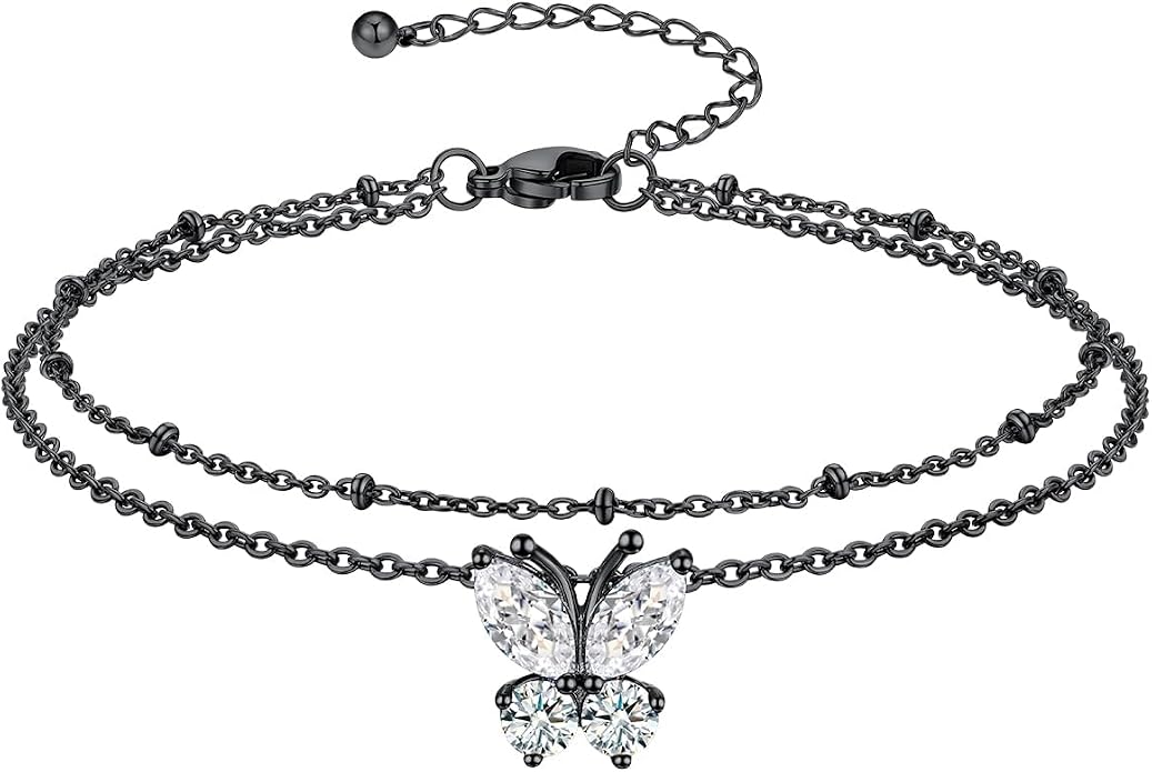 Richsteel Double Layer Heart/Butterfly Birthstone Anklet for Women Non Tarnish Waterproof, Silver/Gold/Black Stainless Steel 8.5-10.5 Inch Adjustable Chain Anklets Jewelry Gifts for Her