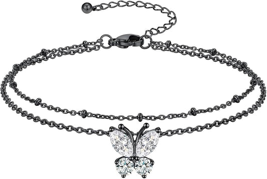 Richsteel Double Layer Heart/Butterfly Birthstone Anklet for Women Non Tarnish Waterproof, Silver/Gold/Black Stainless Steel 8.5-10.5 Inch Adjustable Chain Anklets Jewelry Gifts for Her