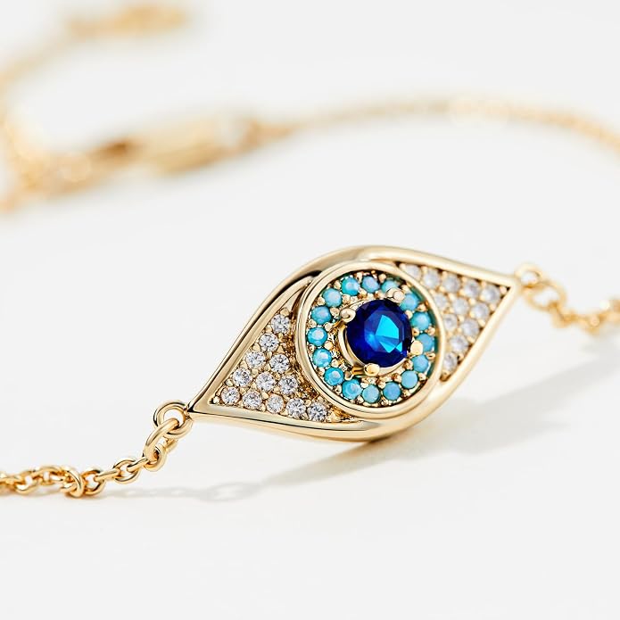 Cicy Bell Evil Eye Bracelets 18k Gold Plated Turquoise Zirconia Link Bracelets Trendy Jewelry Gift for Women Adjustable 5.9" with 1.9'' Extender