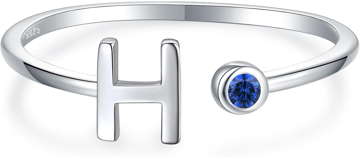 925 Sterling Silver Initial Letter Birthstone Rings for Women Adjustable 1-12 Month Birthstone Alphabet Stacking Ring for Teens Girls Stackable Birthstone Rings Birthday Jewelry Gift for Daughter Mom