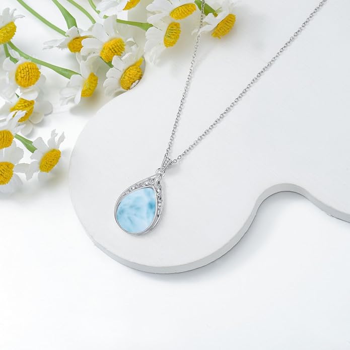 HPQQ Teardrop Necklace 925 Sterling Silver Filigree Gemstone Pendant Necklace Fine Jewelry Birthday Mother's Day Gifts for Women Her Mom