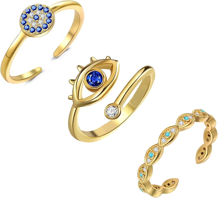 Lit Wall 3Pcs Evil Eye Rings for Women 18K Gold Plated Cubic Zirconia Open Ring Set Adjustable Eye Ring for Women