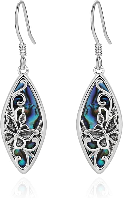 Sterling Silver Abalone Shell Filigree Dangle Drop Earrings Bohemia Jewelry Gift for Women Mother Mom