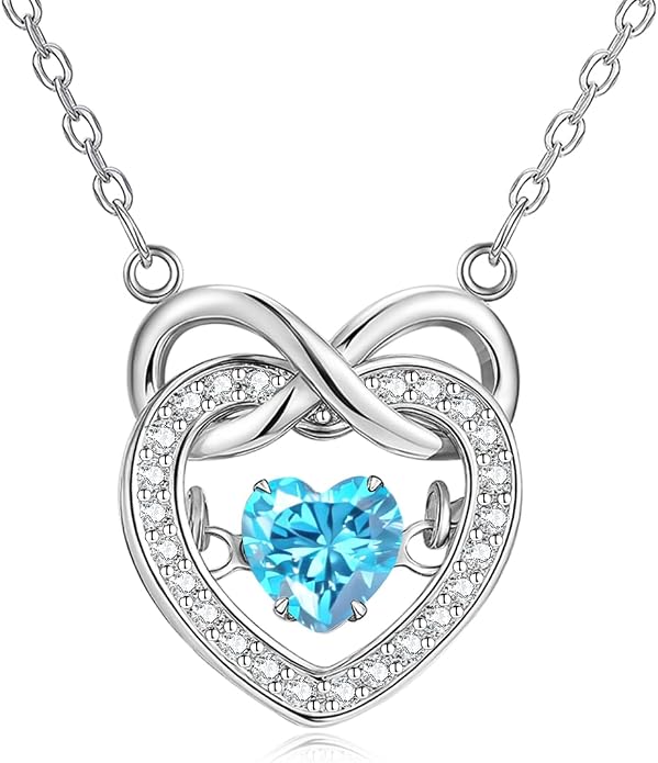 Trendy Dainty Infinity Birthstone Necklace, Dancing Heart 18K White Gold Plated 925 Sterling Silver Heart Necklace, Romantic Love Jewelry Graduation Gifts for Women Her
