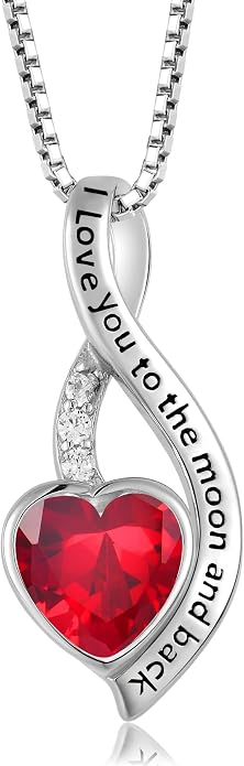 I Love You to The Moon and Back Necklace for Women, 925 Sterling Silver Heart Birthstone Pendant Necklace Jewelry Anniversary Birthday Gifts for Girls Women Wife Mom Daughter
