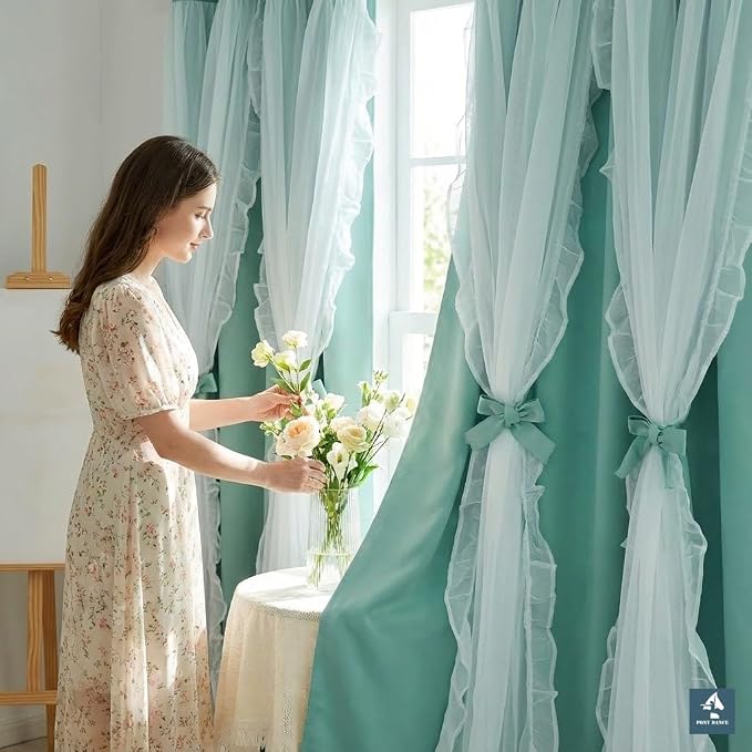 PONY DANCE Blackout Curtains for Living Room Decor Window Treatment Double Layer Drapes Ruffle Sheer Overlay Farmhouse Rustic Design, W 52 x L 84 Inches, Mint Green, 2 Panels
