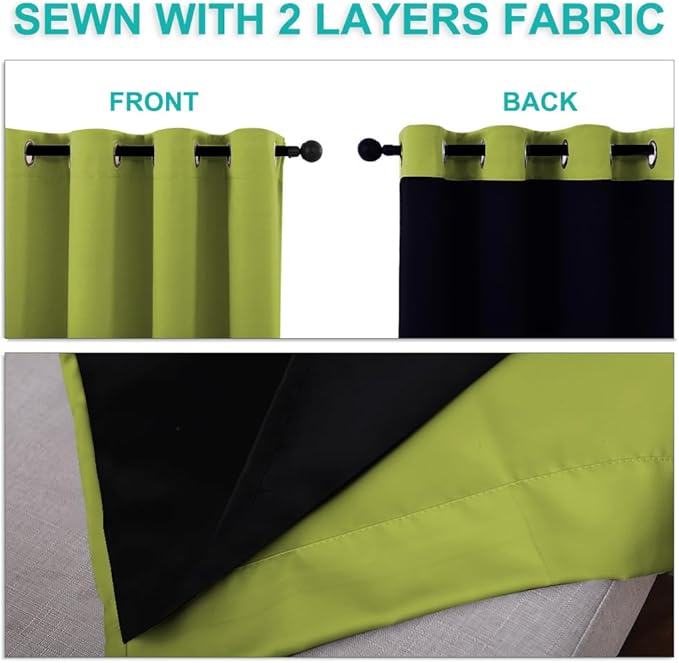 NICETOWN Full Shading Curtains for Windows, Fresh Green, Pack of 2, 62 inches W x 95 inches L, Super Heavy-Duty Black Lined Blackout Curtains for Bedroom, Privacy Assured Window Treatment