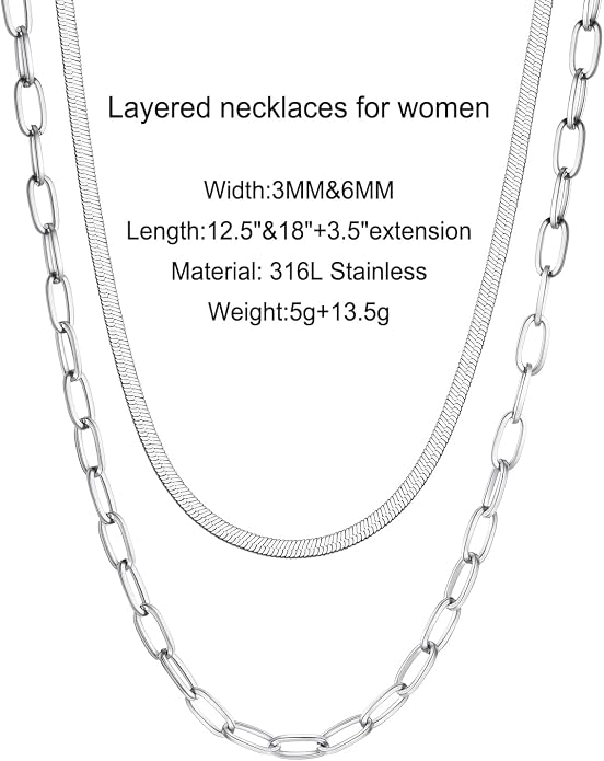 FOCALOOK 14K Gold Plated Necklaces for Women, Fashion Herringbone Choker Necklace Stainless Steel Flat Snake Chain 3/5MM(W) 12.5"/15"/18"+3.5"(L)