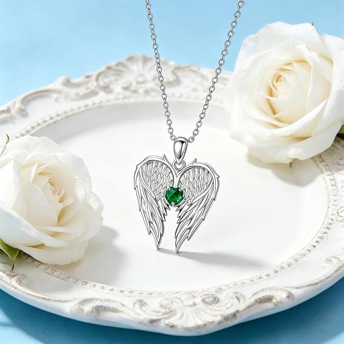 Dorunmo Guardian Angel Wing Pendant Birthstone Heart Necklace Birthday Jewelry Gifts for Women Mom Wife Daughter