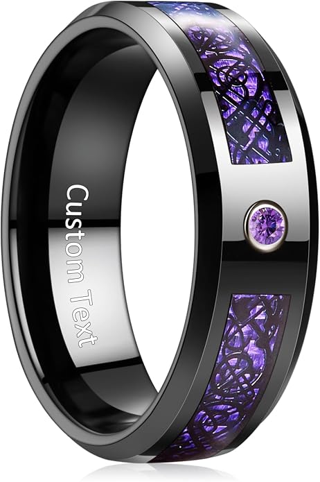 TUNGSTORY 8mm Black Celtic Dragon Tungsten Carbide Wedding Ring with Green Carbon Fiber and CZ Inlay Polished Finish Beveled Edge Size 6-16