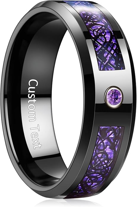 TUNGSTORY 8mm Black Celtic Dragon Tungsten Carbide Wedding Ring with Green Carbon Fiber and CZ Inlay Polished Finish Beveled Edge Size 6-16