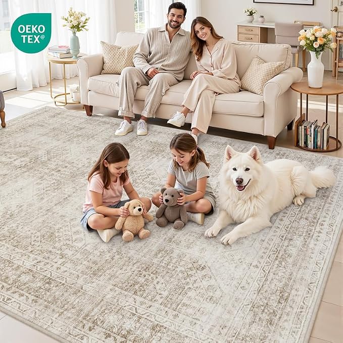 8x10 Area Rugs for Living Room: Vintage Boho Neutral Washable Rug Indoor Soft Large Area Rug Carpet for Bedroom Nursery Farmhouse Dining Room Office Floor Non-Slip Low Pile Under Table Rug Brown