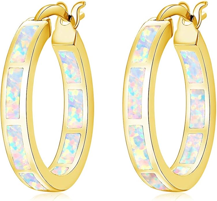 CiNily Sterling Silver/Rose Gold/Yellow Gold Plated Hoop Earrings 20mm,Multicolor Opal Small Hoop Earrings for Women Girls Hypoallergenic Jewelry for Sensitive Ears Gemstone Earrings