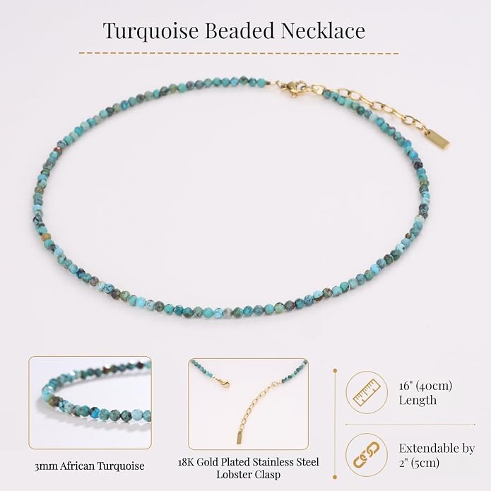 COAI 2mm & 3mm Danity Tiny Bead Necklace for Women, Stone Beaded Crystal Necklace for Women, Sodalite, Australian Jasper, Red Carnelian, Tourmaline, Amethyst, Turquoise Jewelry