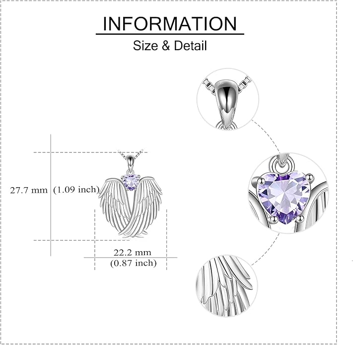 YFN Angel Wings Necklace 925 Sterling Silver Guardian Angel Wings Pendant Necklace Birthstone Necklace for Women Girls Christmas Jewelry Gifts