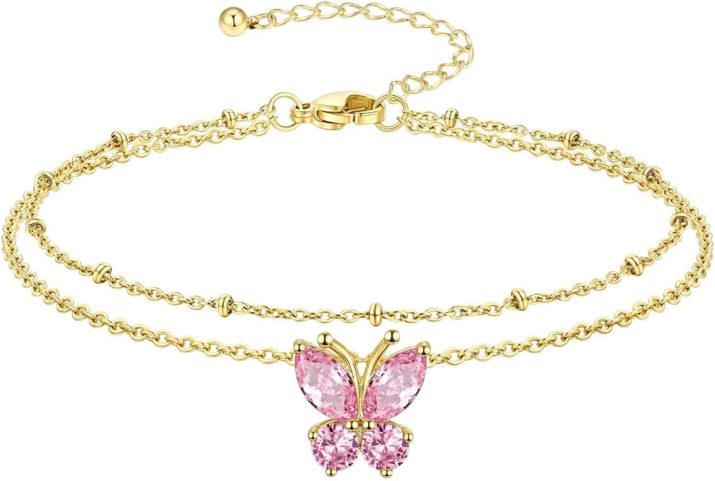 Richsteel Double Layer Heart/Butterfly Birthstone Anklet for Women Non Tarnish Waterproof, Silver/Gold/Black Stainless Steel 8.5-10.5 Inch Adjustable Chain Anklets Jewelry Gifts for Her