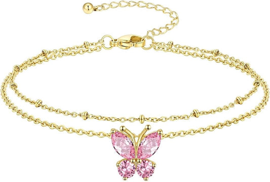 Richsteel Double Layer Heart/Butterfly Birthstone Anklet for Women Non Tarnish Waterproof, Silver/Gold/Black Stainless Steel 8.5-10.5 Inch Adjustable Chain Anklets Jewelry Gifts for Her