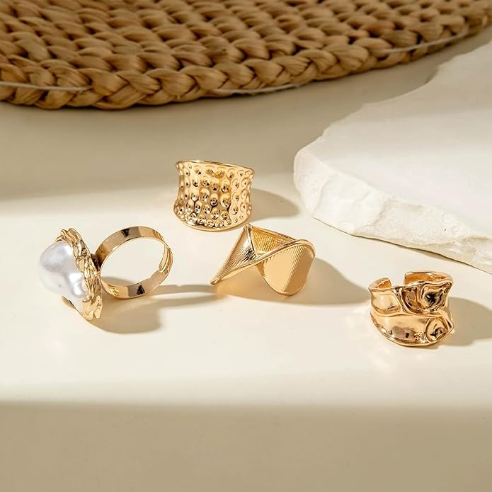 Chunky Gold Irregular Rings Stack Set for Women Statement Baroque Pearl Flower Stackable Knuckle Finger Ring Non Tarnish Boho Hammered Jewelry Gifts