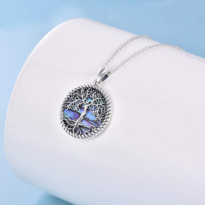 ONEFINITY Tree of Life Necklace for Women Sterling Silver Abalone Shell Crystal Tree of Life Pendant Necklace Family Tree Jewelry for Mom Daughter Sister Girls Christmas Gifts