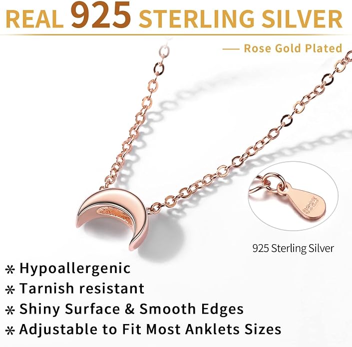 ChicSilver Personalized 925 Sterling Silver Tiny Heart/Moon/Star/Sun/Dot/Triangle Anklets Simple Dainty Foot Jewelry for Women, Silver/Gold Plated/Rose Gold Plated